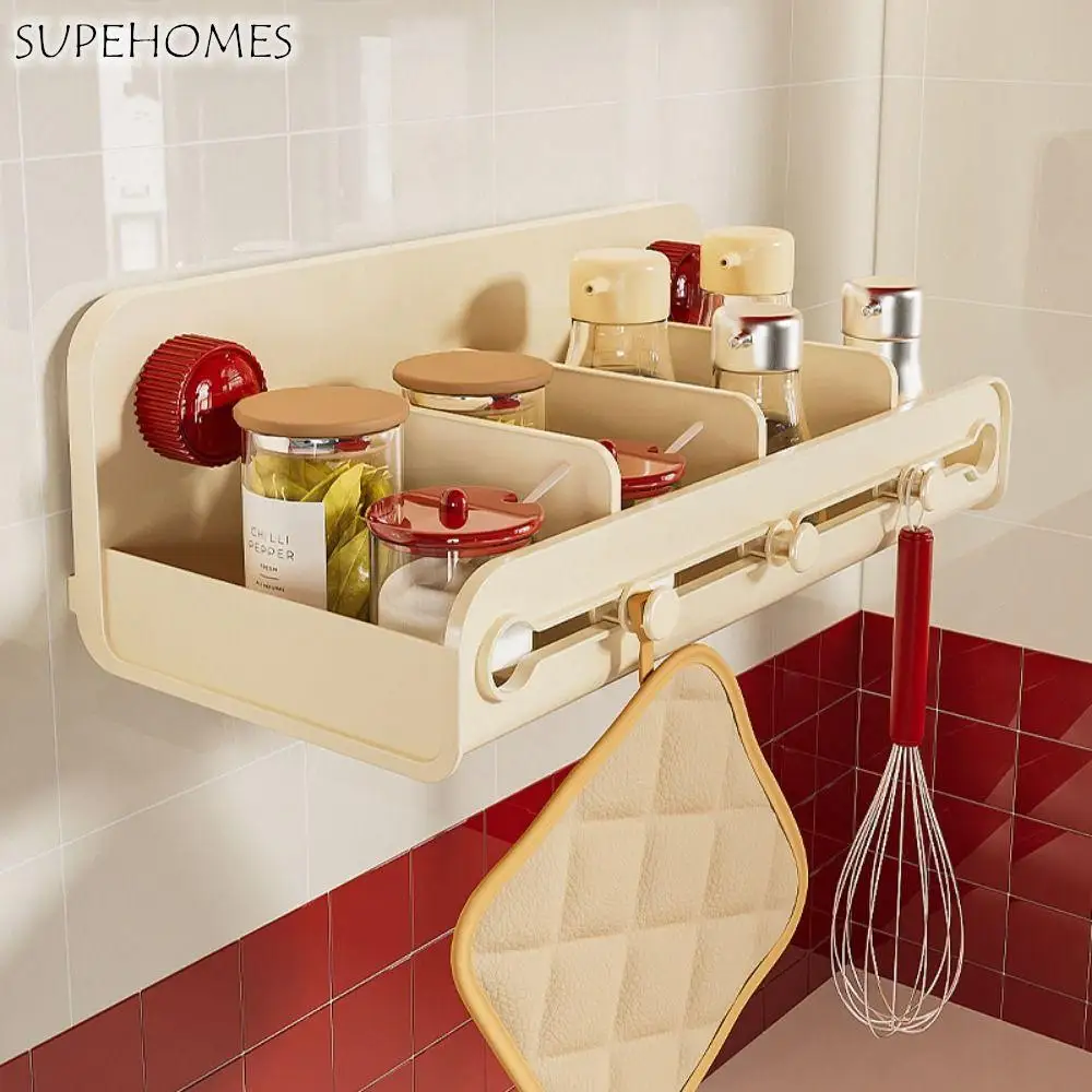 

Moisture Resistant Suction Cup Kitchen Shelf 3 Hooks Detachable Spice Jar Storage Rack Multifunctional Adjustable Divider