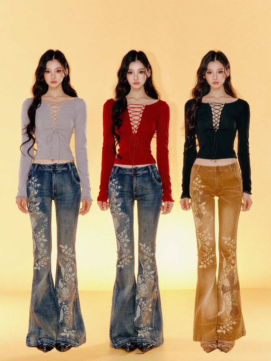 

Новая летняя женская футболка с кружевным дизайном и завязками, облегающая, сексуальная, с длинным рукавом, повседневная, однотонная, с низкой талией, из смесового хлопка