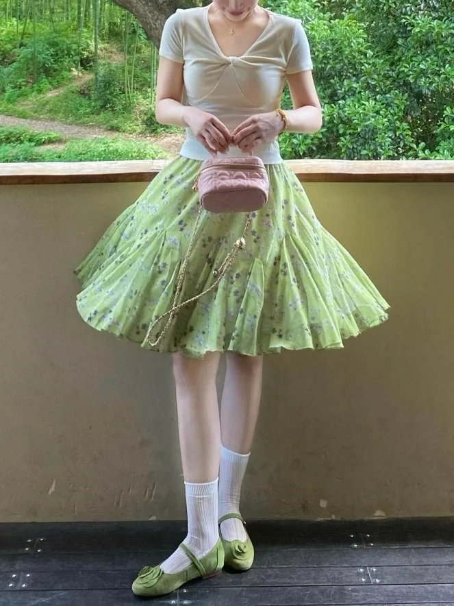 Green Floral Print Half-length Skirt Women's Summer Fashion Korean Style High-waist A-line  Skirt for Petite Ladies