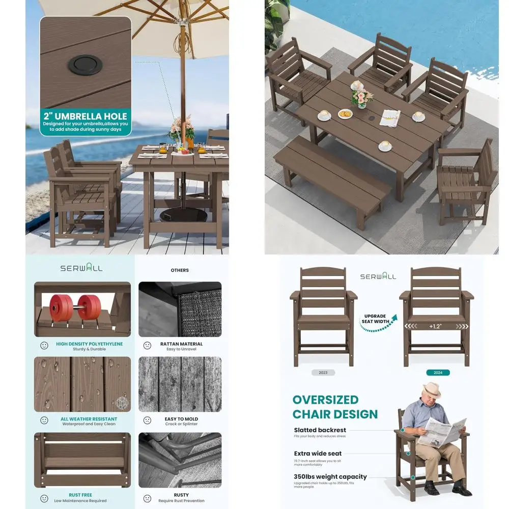 

Outdoor Dining Set or 6, HDPE urniture Set with Umbrella Hole, All Weather Bench & Chairs, Coee Table