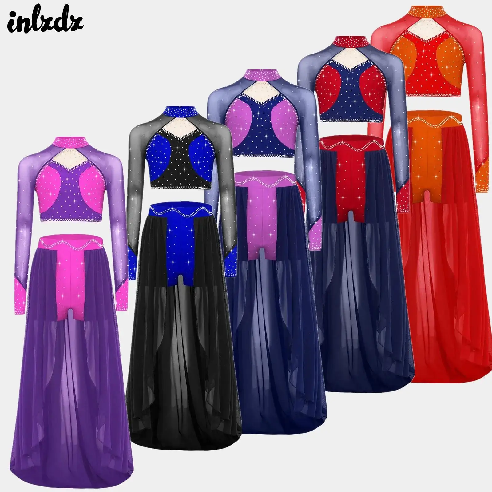 

Kids Girls Shiny Rhinestones Ballet Lyrical Dance Leotard Performance Costume Gymnastics Figure Skating Crop Top with Skirt