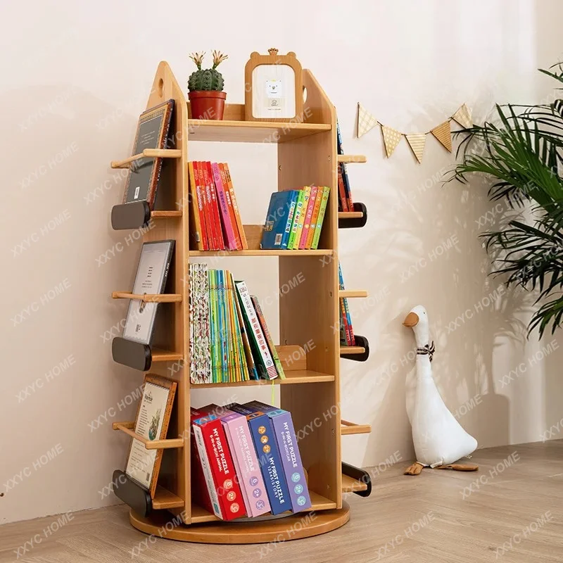 

Rotating bookshelf shelf Solid wood small floor-to-ceiling multi-layer small bookcase Children's picture book rack storage