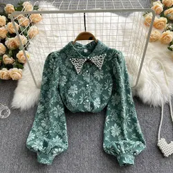 French Style Vintage Jacquard Weave Blouse Women's Clothing Turn-down Collar Stylish Beading Spring Autumn Single-breasted Shirt