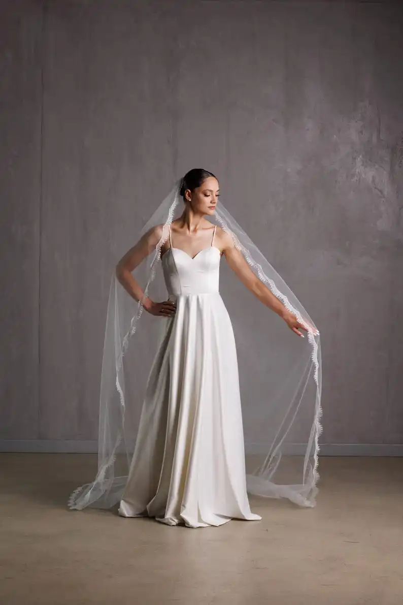Chantilly Lace Cathedral Bridal Veil Light Ivory One Tier Catholic Wedding Veil Custom Length