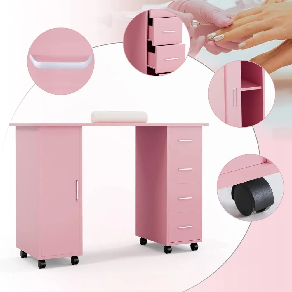 Manicure Nail Desk, resistente a acetona, salão de madeira, spa, prego estação de mesa com gabinete, rodas controláveis, cliente Wrist Pad