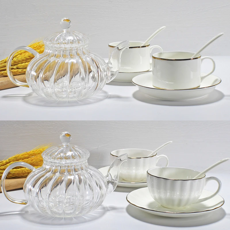 3pcs Set, Pumpkin Glass Tea Pot and Bone China Coffee Cup Set with Saucer, Porcelain for Afternoon Tea, Service Cafe