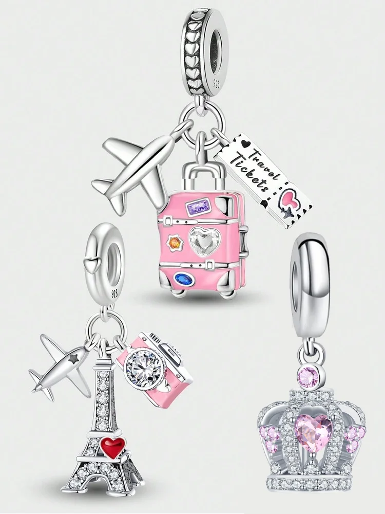 Colgante de plata de ley 925 con forma de flor rosa para viajar, mamá, hermanas, torre, cámara, pulseras, joyería DIY de alta calidad para mujer