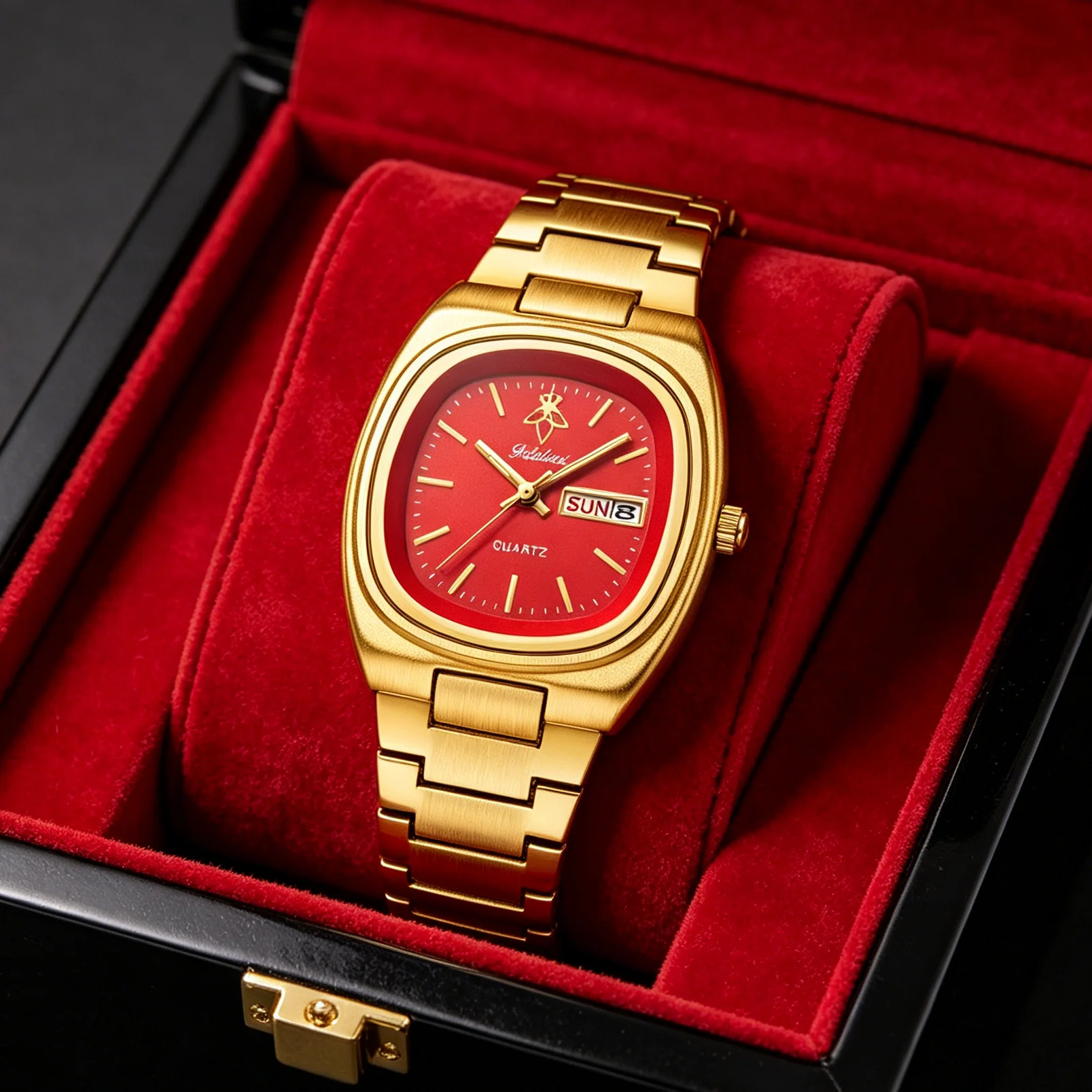 YaLaLuSi Classic Retro Square Gold Tone Metal Band Watch Red Dial SUN Date Window Waterproof Quartz Women Wristwatch Premium Gift Box