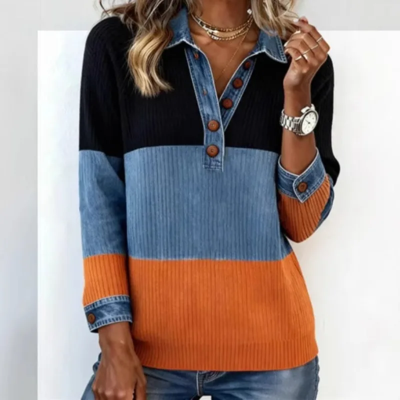 Amazon's European  American women's clothing store offers a patchwork denim knitted color-blocking button-down shirt collar top.