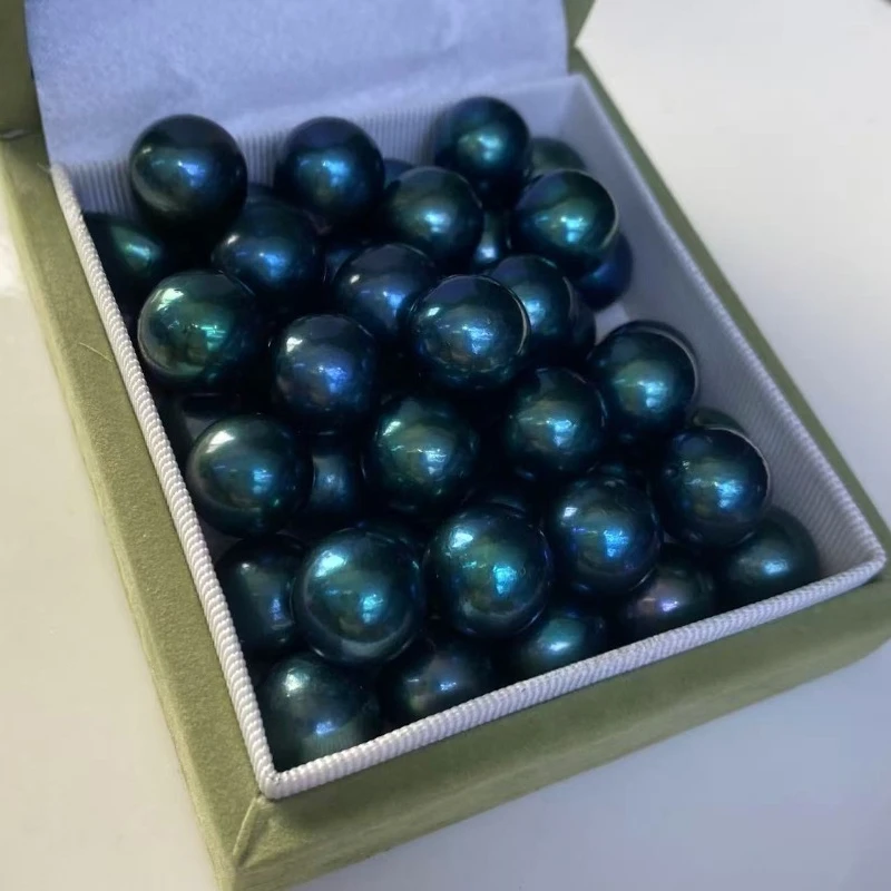 Natural 12-13mm Pearl Tahiti Black Pearl Peacock Green Non Porous Bare Pearl Nearly Perfectly Round with Slight Imperfections