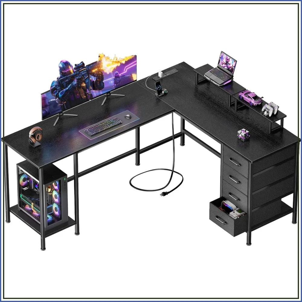 66 Inch L Shaped Computer Desk with Power Outlets, Black
