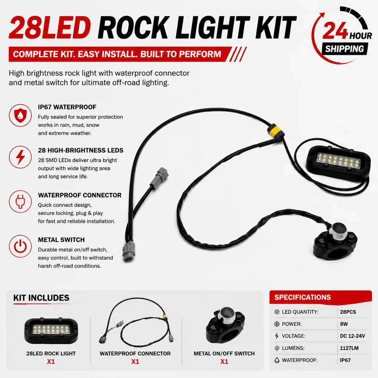 Dream Car 28LED Rock Light Kit 8W 1127 Total Lumens For  Light Bee X Waterproof LED Lighting System Motorcycle E-bike