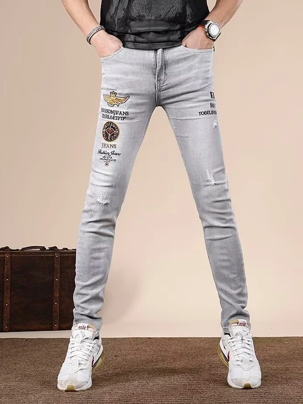 

Мужские джинсы узкого кроя с вышивкой Ele ey e, эластичные повседневные хлопковые эластичные джинсовые брюки, весенне-осенний дизайн с дырками