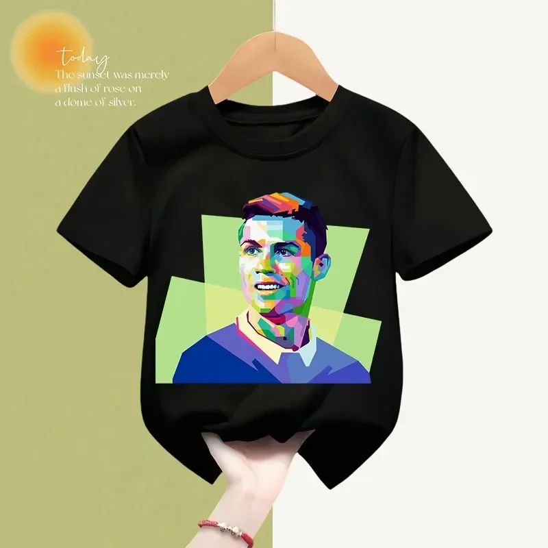 Ronaldo Soccer Star World Cup Printed Kids Clothing Kids Summer Short sleeved boys Girls black cotton T-shirt blazer