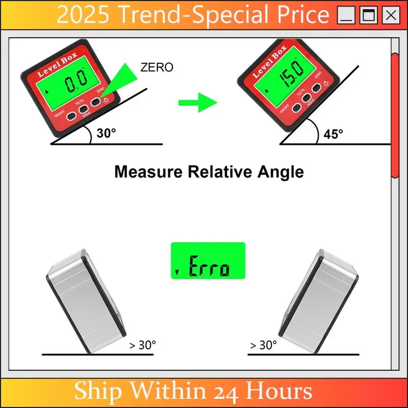 A61Z Deals Digital Level Box Protractor Angle Finder 90 Degree Level Gauge Bevel Gauge Inclinometer With Magnetic Based Backligh