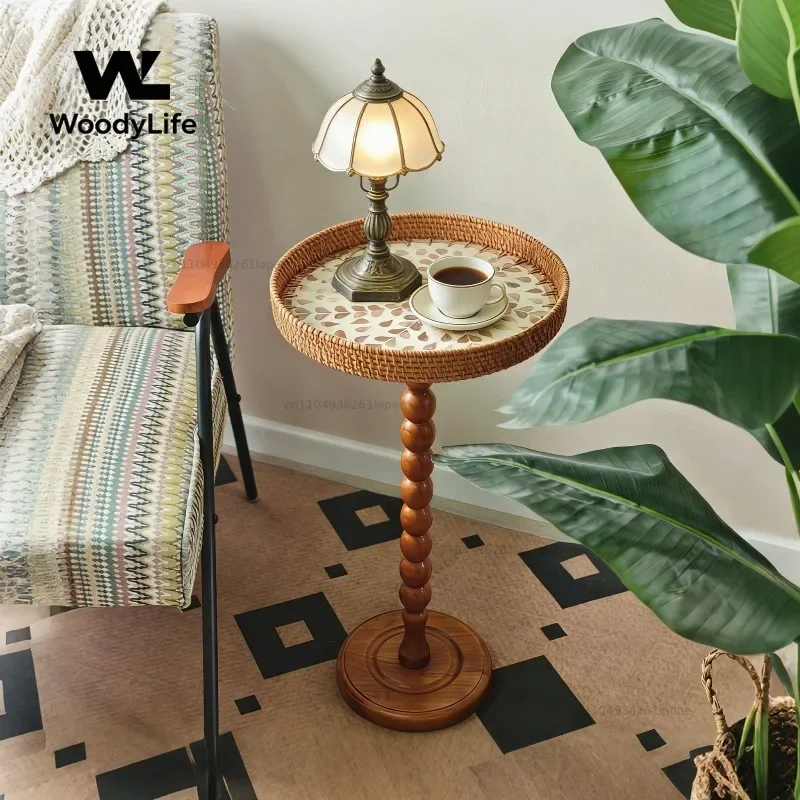 Rattan Solid Wood Small Edge Table Coffee Table Corner Few Round Table Leisure Living Room Bay Window Bedroom
