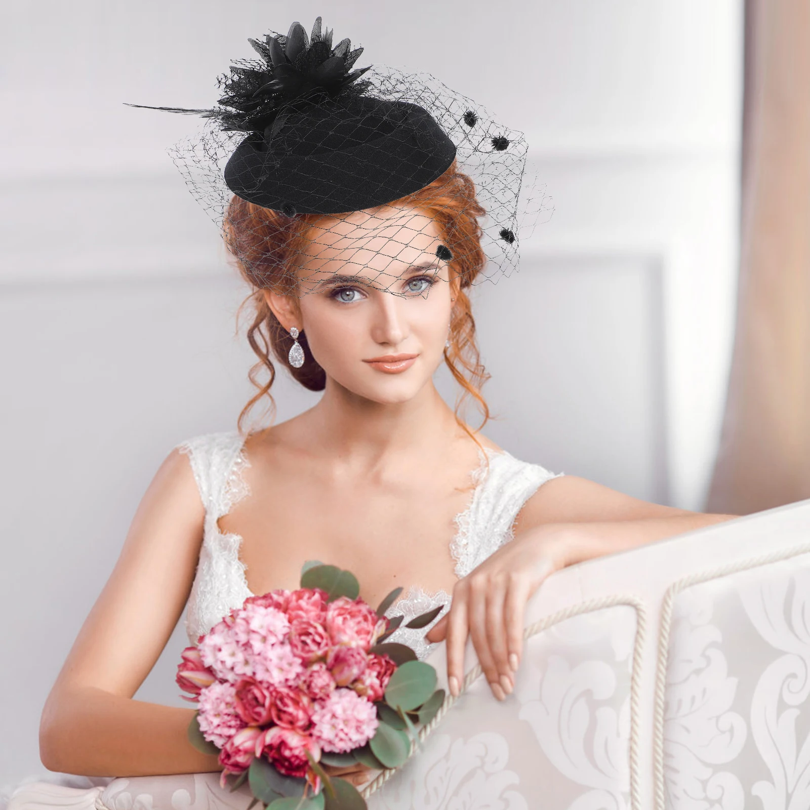 

Vintage 20S Pillbox Hat Hat Mesh Veil Women Black Wedding Party Headwear Fascinator Pillbox Cocktail