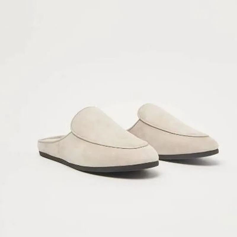 Women Retro Style Ivory Suede Round Toe Slip On Flat Mules Loafers Leisure Backless Slippers Casual Daily Dress Shoes Cool