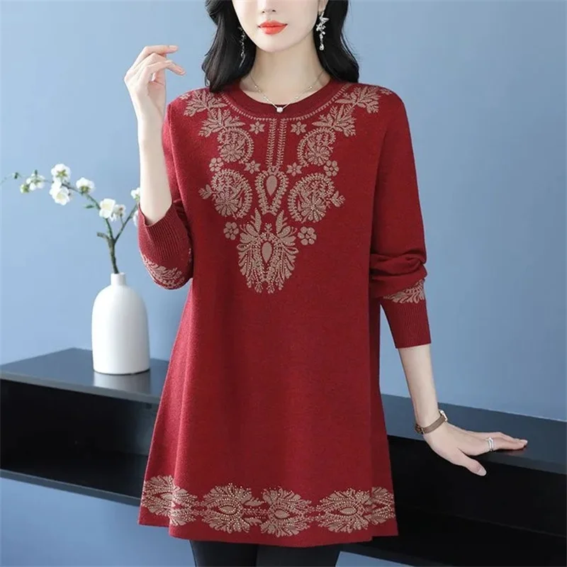

Autumn Winter Women Long Wool Sweater Dresses High Quality O-Neck Jacquard Knitted Pullover Sweater Thick Casual Mother Knitwear