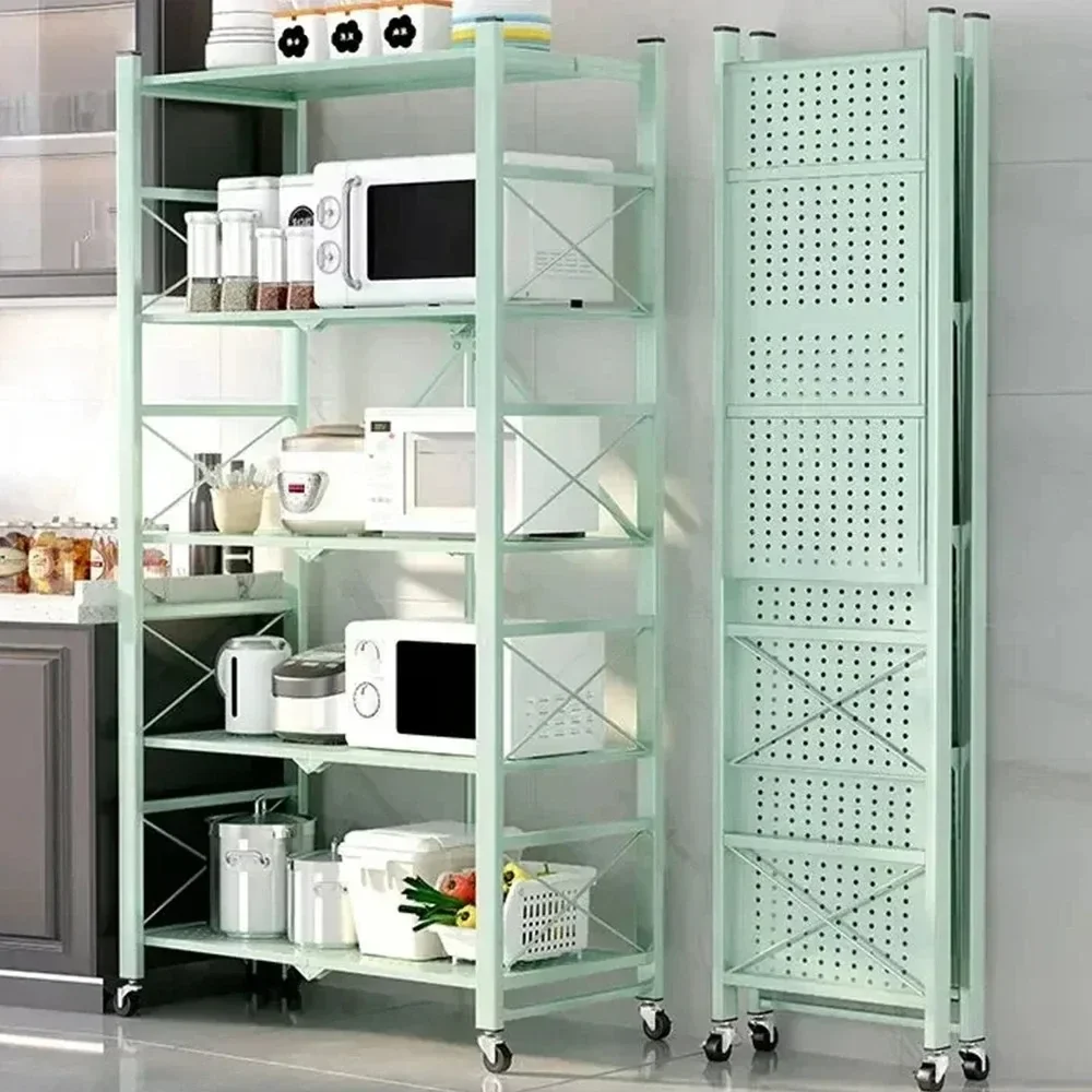 Iron Kitchen Storage Racks Folding Storage Rack Foldable Display Shelf with Wheels Installation-free Living Room Storage Rack