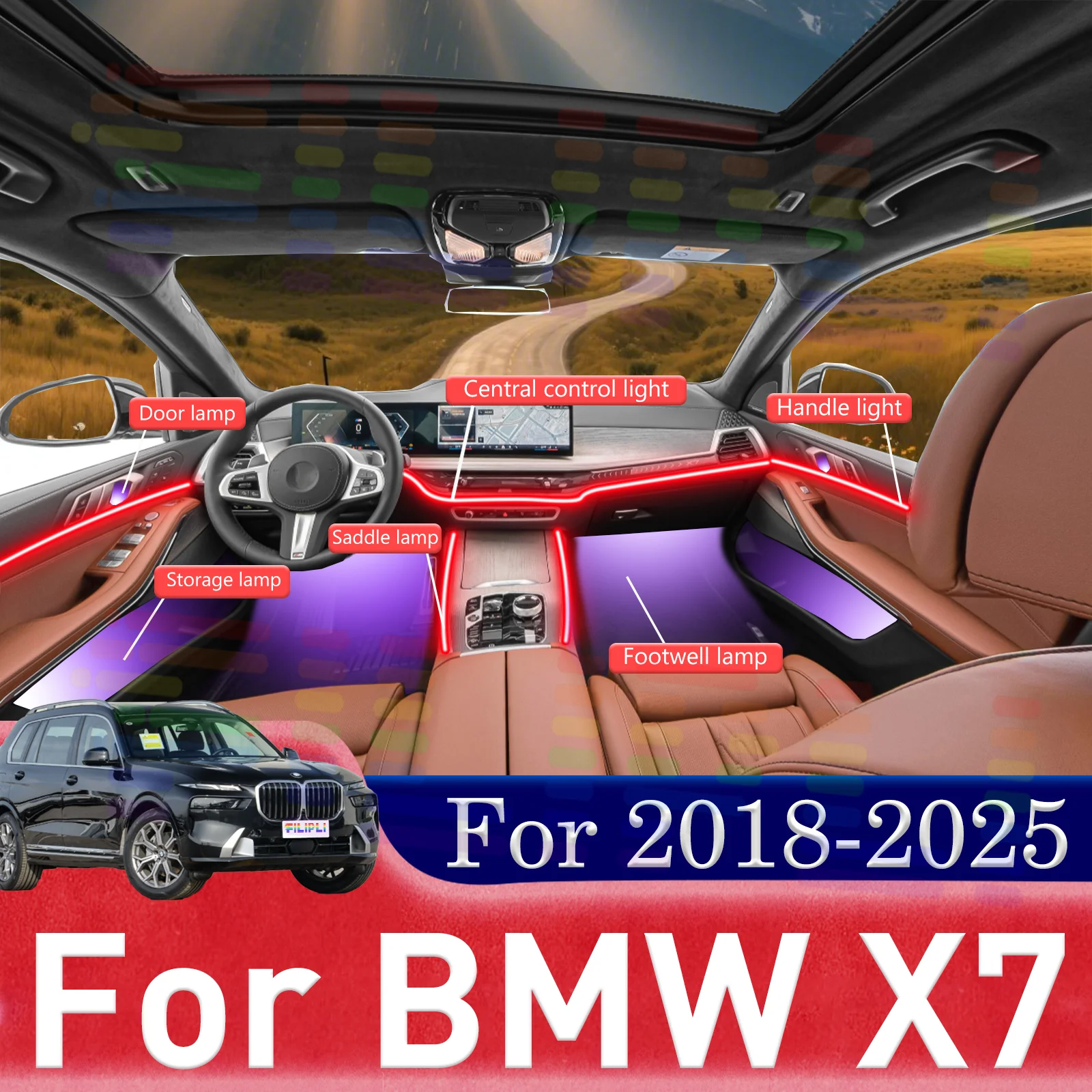 

Для BMW X7 G07 Сделать праздничные дорожные поездки более праздничные со скрытыми светодиодными полосами для салона автомобиля, обеспечивающие 64 сезонных цветов