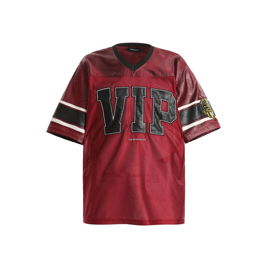 

Vintage Jersey T-Shirt Men Y2K Splicing PU Leather Sport Breathable Tshirt Streetwear Harajuku Hip Hop Casual V-Neck Top Male