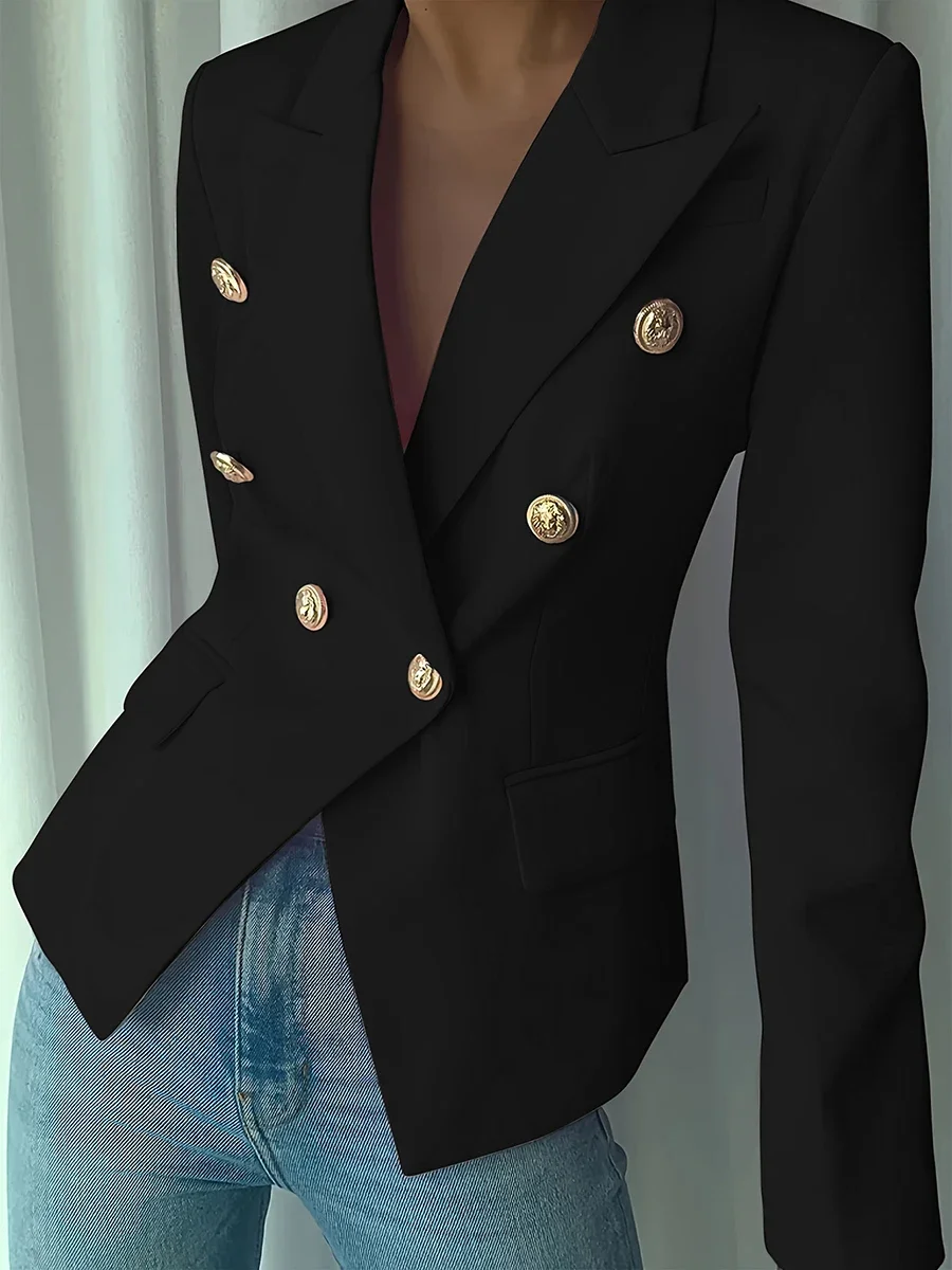 Eleganter Büro-Blazer für Damen, doppelreihig, schmal geschnitten, mit Revers, luxuriöse Metallknöpfe in Löwenkopf-Form, Knopfleiste am Kragen, Anzugjacke – Detail 2
