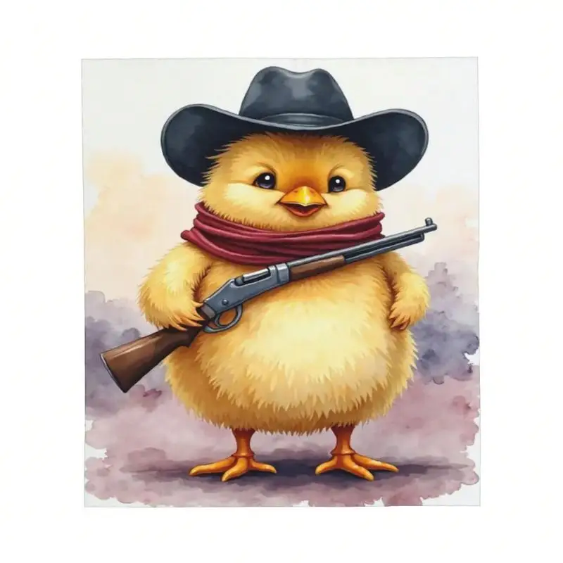 A Cute Cartoon Chicken Character Wearing A Cowboy Hat And Scarf Holding A Rifle  Drawing Blanket Tow Blanket Family Bedroom