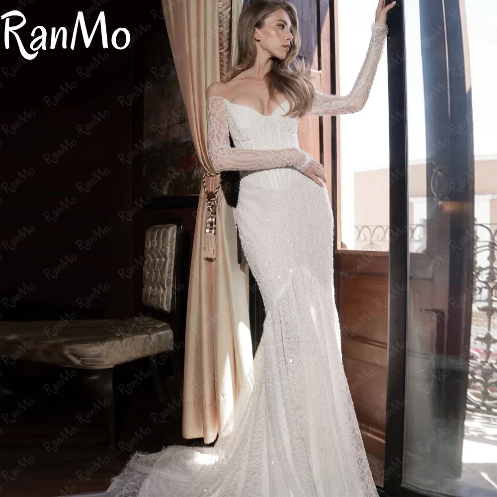 

Ranmo 2025 Exquisite Wedding Dress luxury Off Shoulder Bridal Gown Lace Long Sleeve Customized Vestidos De Novia Court Train