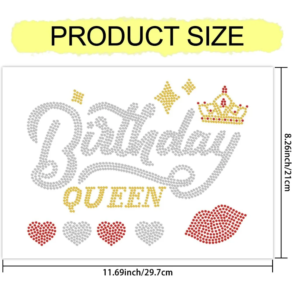 Birthday Queen Iron on Transfers Rhinestone Heat Transfer Decal Bling Patch Crown Heart Lip Pattern Crystal DIY Birthday Party