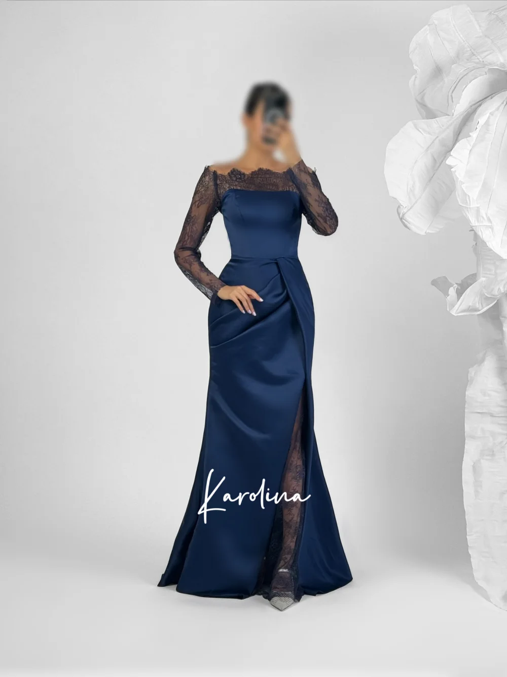 Vestido De noche azul marino con hombros descubiertos y manga De encaje, Jersey para Fiesta De graduación hasta el suelo, Vestidos De Fiesta personalizados