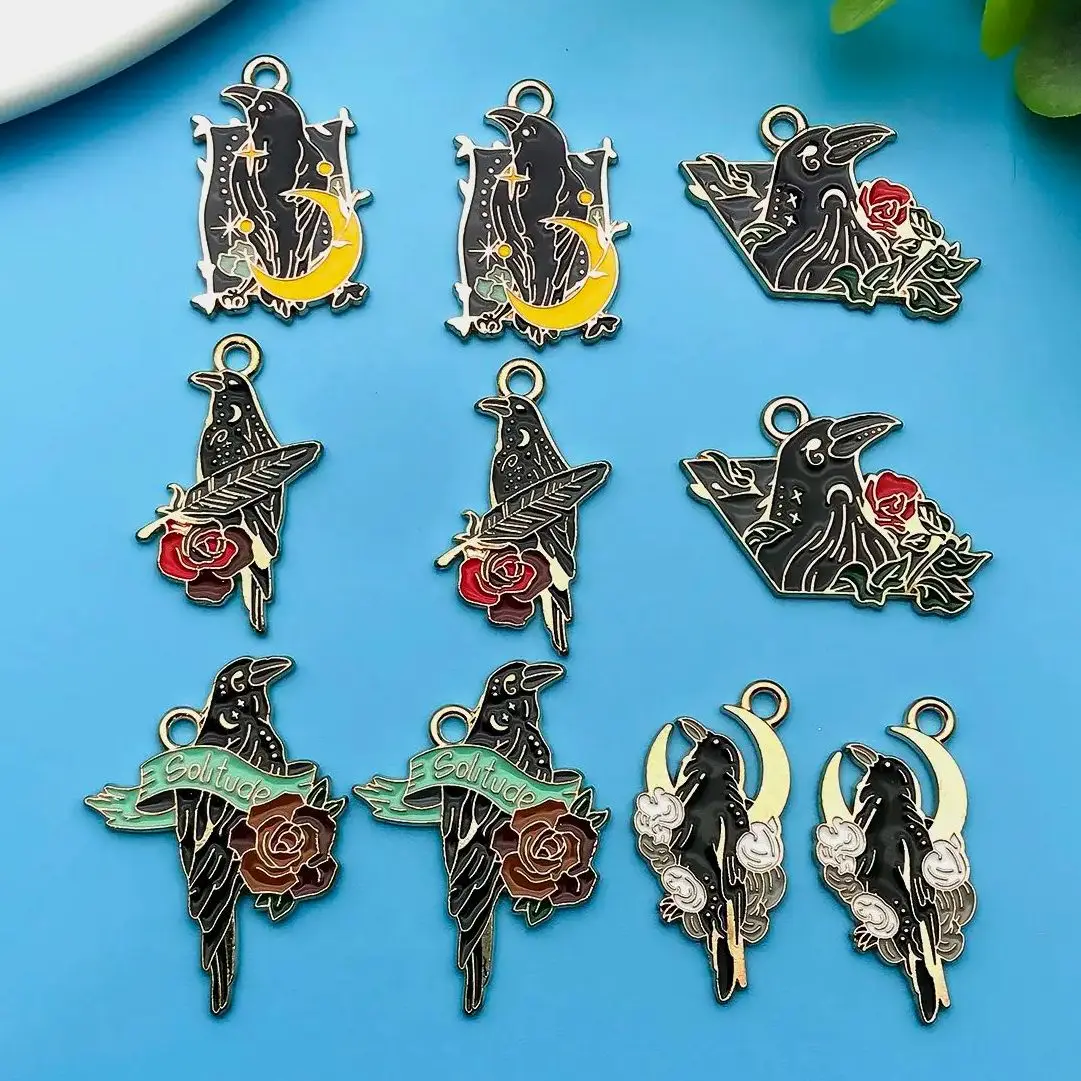 10pcs/lot Enamel Cartoon Animal Charms Black Bird Flower Pattern Pendant For Jewelry Making Earring Bracelet Necklace DIY Craft