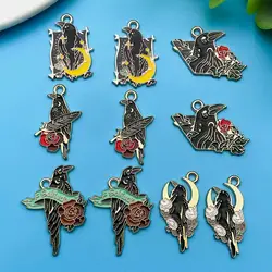 10pcs/lot Enamel Cartoon Animal Charms Black Bird Flower Pattern Pendant For Jewelry Making Earring Bracelet Necklace DIY Craft