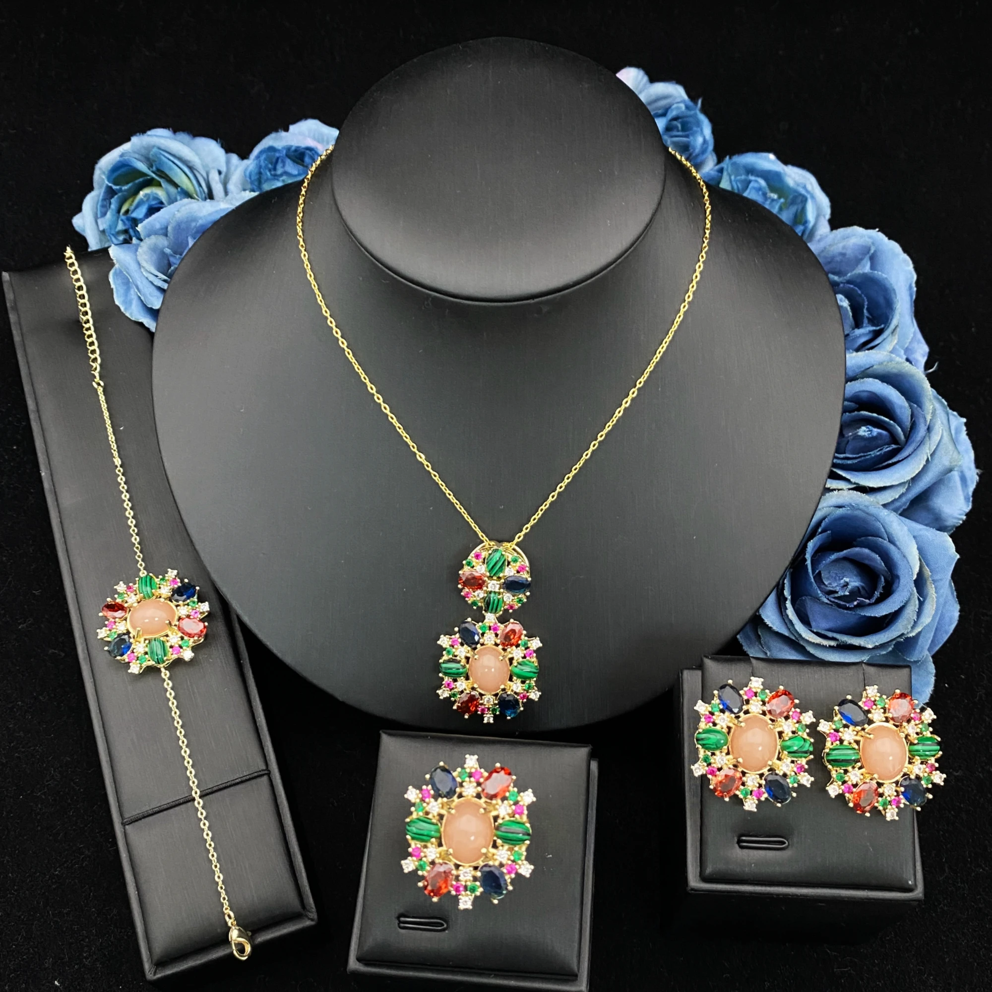 

Falair Daily Dating Elegant Women Jewelry Set Gold Plated Copper Shiny Zircon Necklace Ring Earrings Bangle Combo Gift