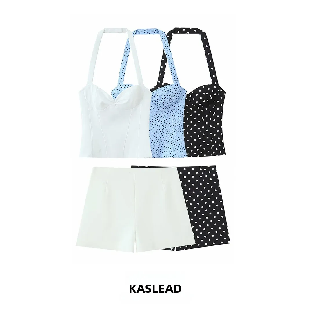

KASLEAD New Women's Fashion Set round Neck Hanging Neck Top Short Pants Spring Season Polka Dot Patterned 2-Piece Ensemble
