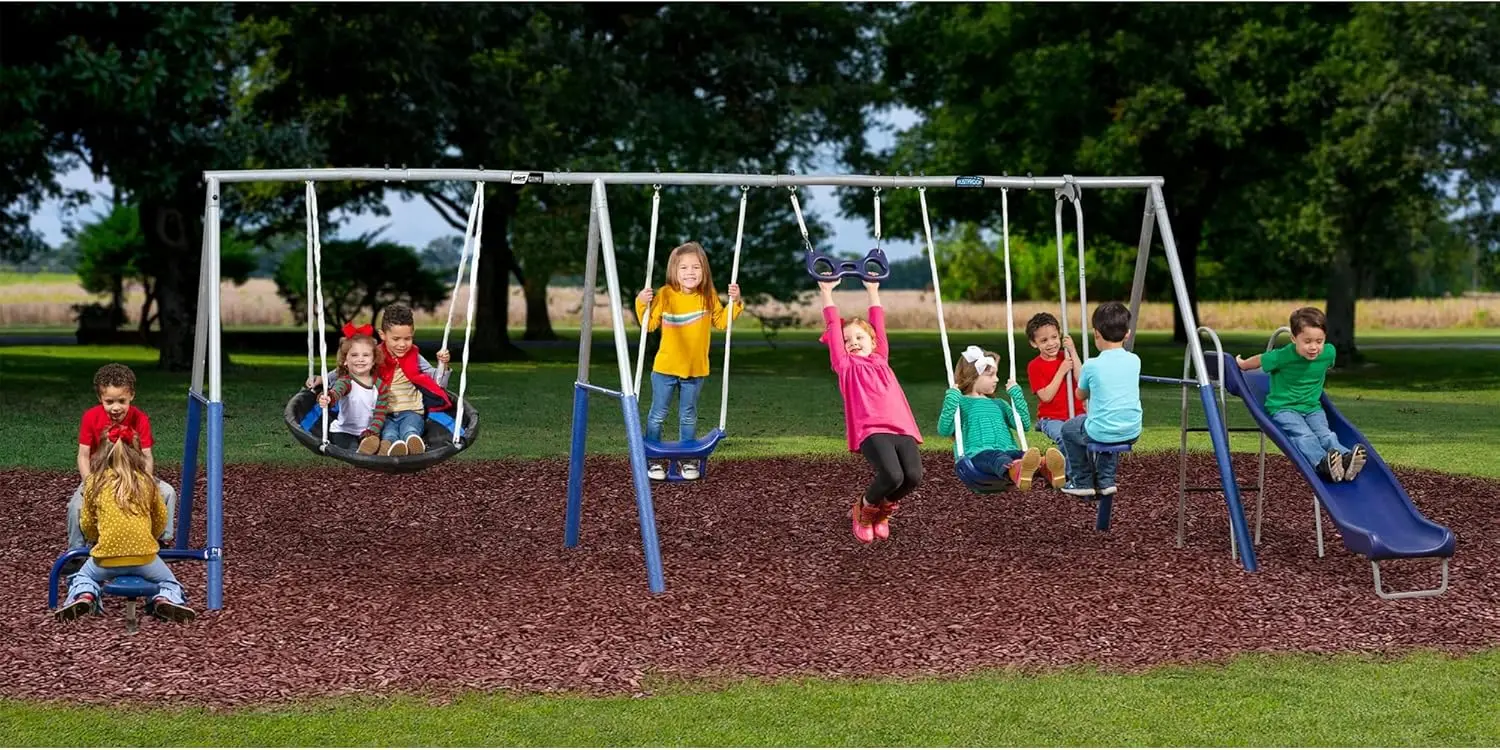 Fun All Mighty Metal A-Frame Kids Swing Set with 10 Child Capacity Outdoor Backyard Home Playground with Slide and 5 Swing Types