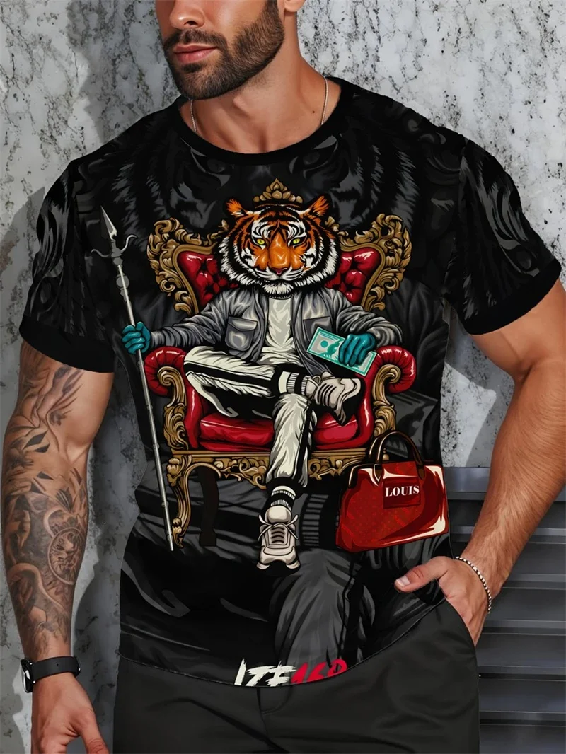 Herren Schwarzes T-Shirt mit Königstiger-Print 3D Cartoon Grafik Rundhals Kurzarm Streetwear Lässiges Atmungsaktives Oberteil