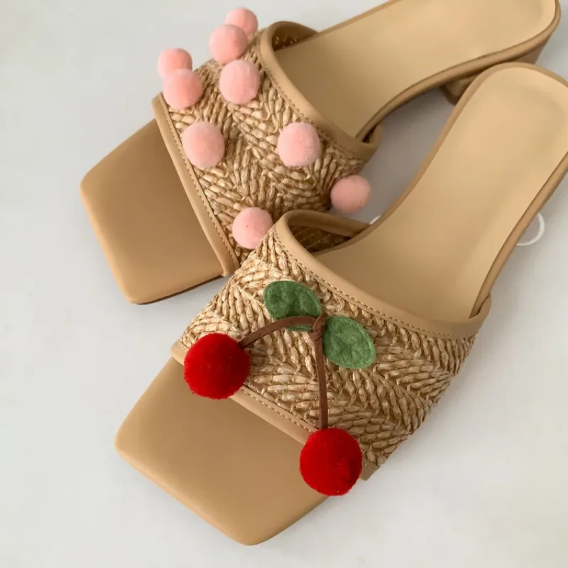 3D Cherry Slippers 34-39 Apricot Weaving Outer Wear Slippers 2024 Beach Vacation Slippers Open Toe Summer Tourism Flat Shoes