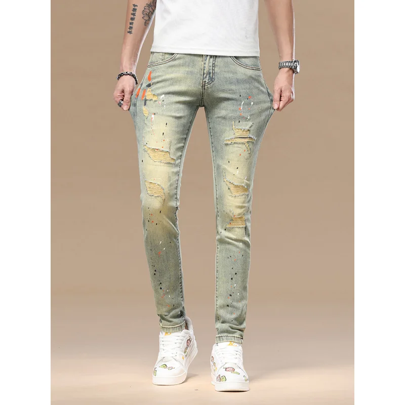 Pantalones vaqueros retro desgastados de alta gama para hombre, ajustados, de nueve pulgadas, pies pequeños, tinta salpicada, novedad de Primavera/verano 2025, pantalones elásticos de moda