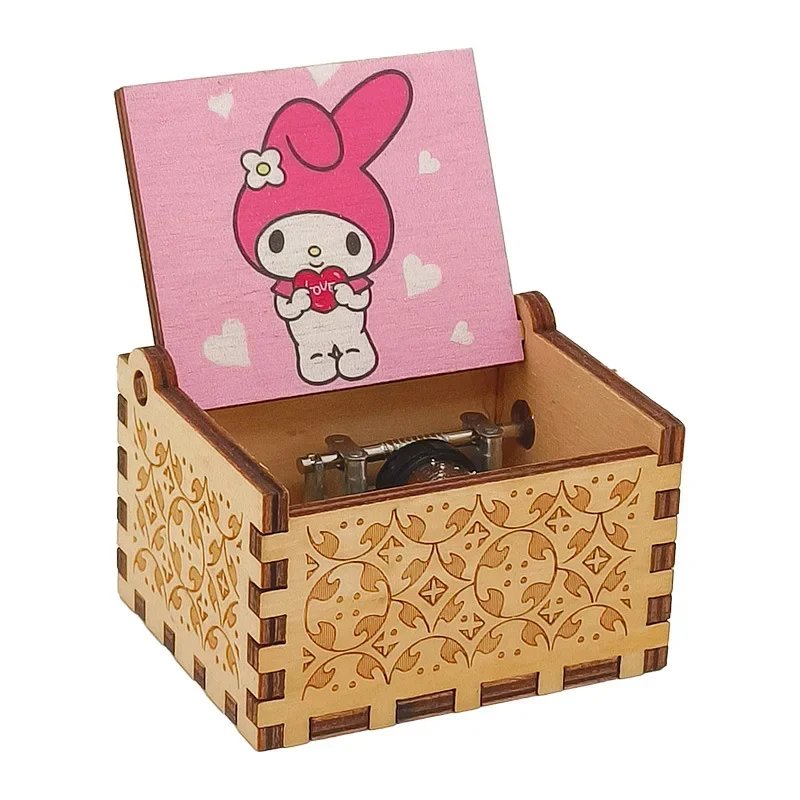 Kawaii My Melody Kuromi Wooden Music Box Hand Crank Antique Engraved Musical Box Case Christmas Gifts