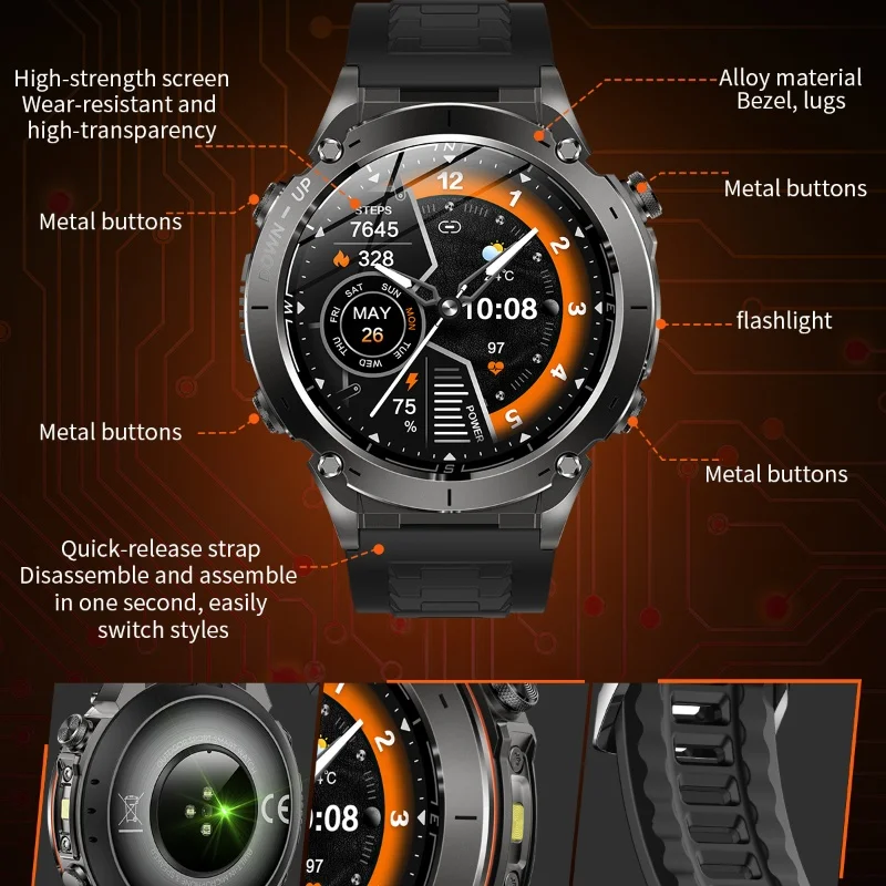 Men Outdoor Military GPS Track AMOLED HD Flashlight 730mAh Battery Compass Barometer 3ATM Waterproof Bluetooth Call Smart Watch