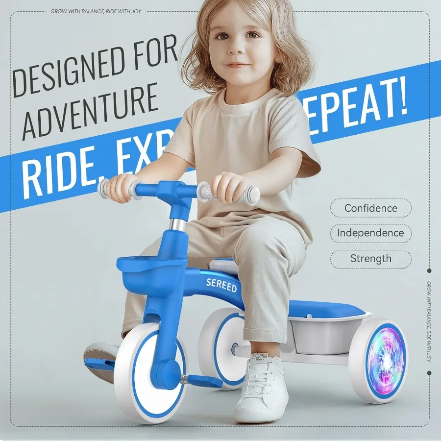 カラフルな照明付き幼児用三輪車、2～5歳の男の子と女の子向け、調節可能なシートとハンドルバー、取り外し可能なバスケット、誕生日プレゼント