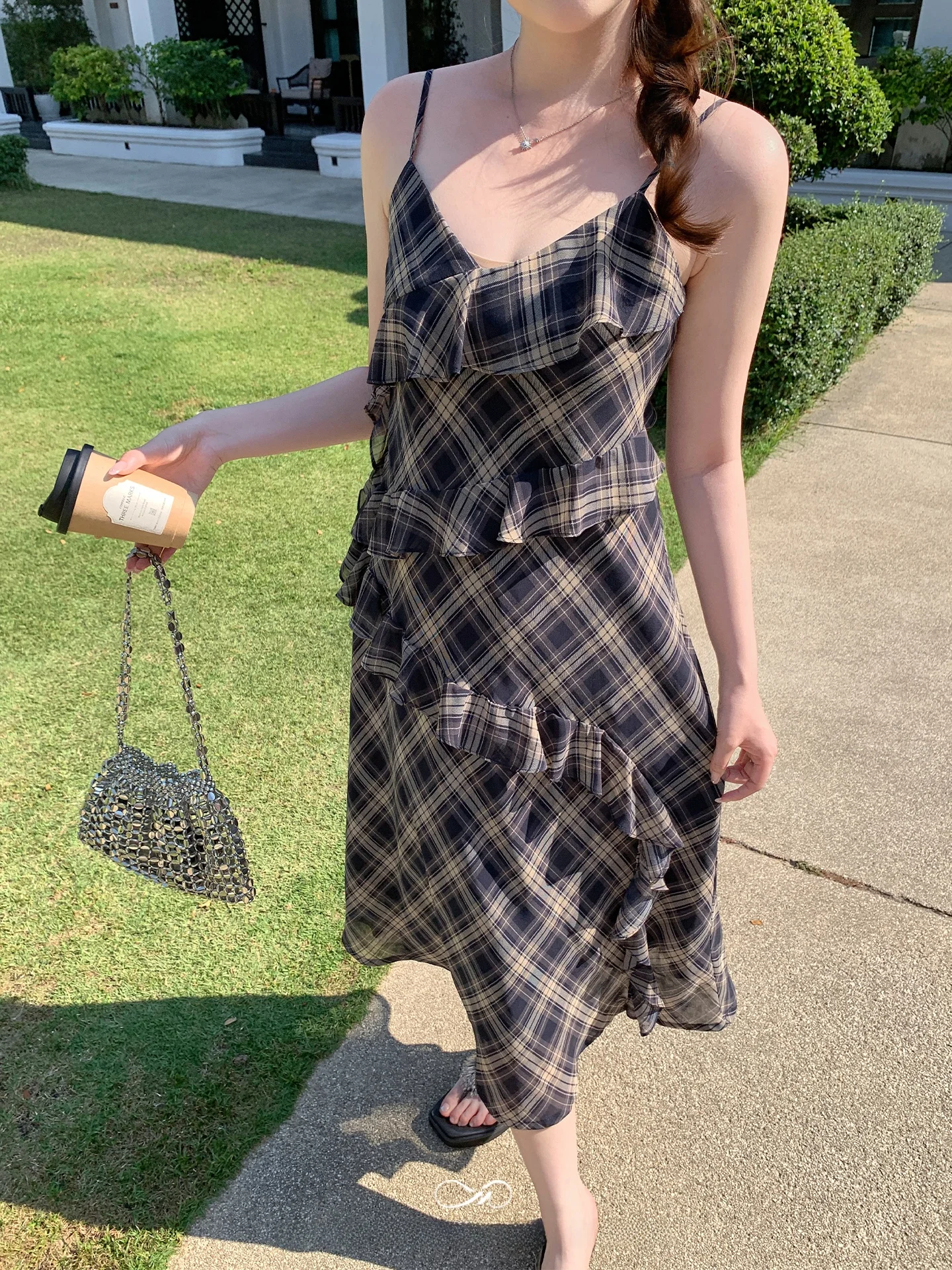 

plus Size Women's Vintage Plaid Chiffon Waist Cinched ter Dr New Arrival Casual Loose Fit Long A-Line Skirt V-Ne