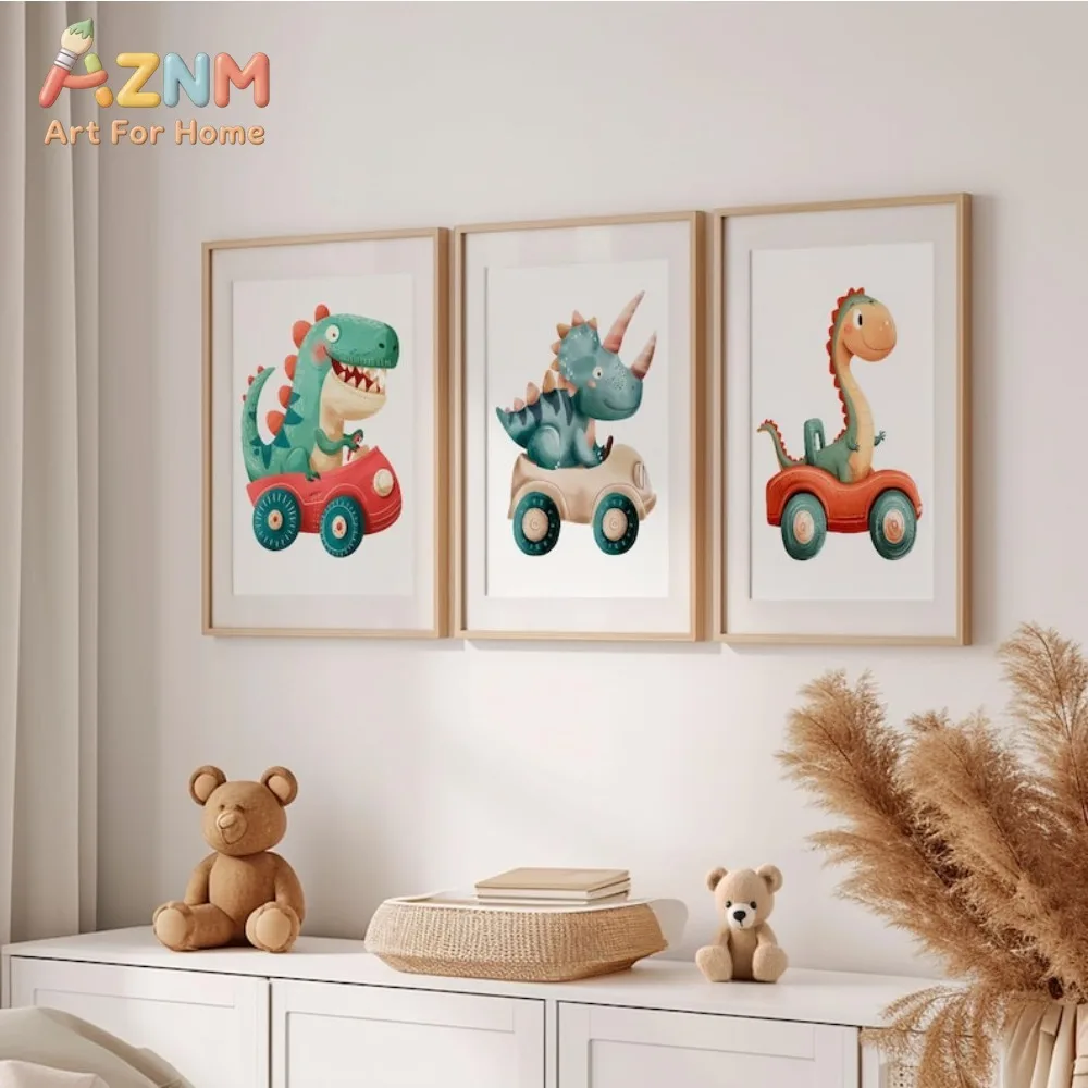 AZNM Watercolor Dinosaur Driving Car Canvas Wall Art Cute Dino Cartoon Frameless Canvas Painting Nursery Kids Bedroom Home Decor