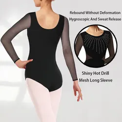 Women's Long Sleeve Ballet Leotard For Dance With Sparkly rhinestones Chest,Soft Chest Lining And Waist Triangular Mesh Splicing