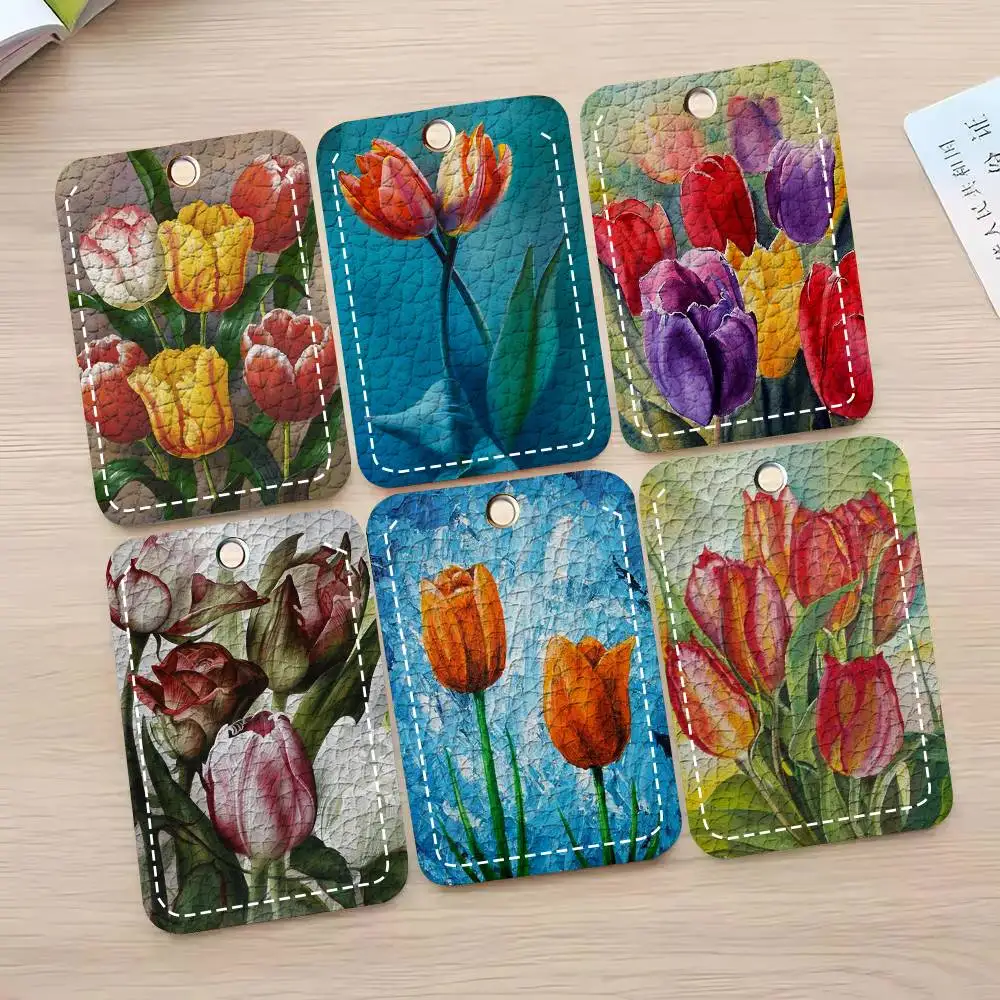 Color Beautiful Tulip Card Case Keychain Access Card Bag Key Tag Ring Leather Card Holder Key Ring Access