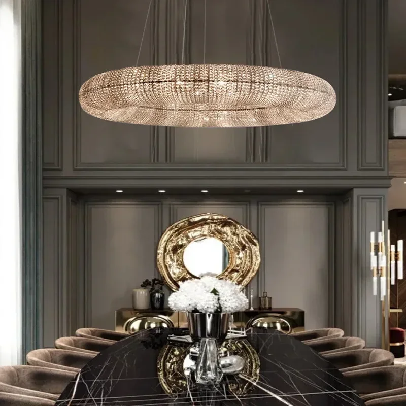 American Crystalhalo Lustre De Cristal Led Round Pendant Light K9 Crystal Loft Restaurant Minimalism Cord Suspension Lamp