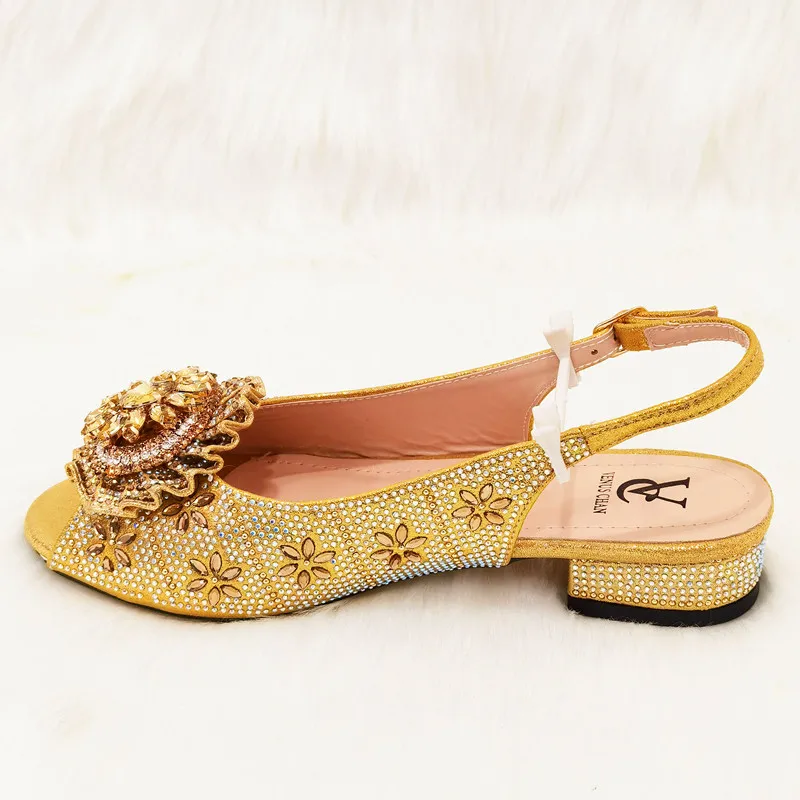 Venus Chan Sandals Woman Summer 2022 Gold Color Rhinestone Low Heel High Quality Party Wedding Shoes and Bag Set