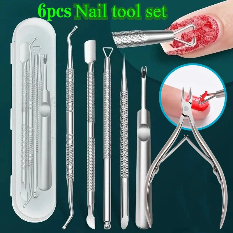 مجموعة أدوات إزالة طلاء الأظافر من الفولاذ المقاوم للصدأ 5/6 قطع، مجموعة أدوات مكشطة جل مانيكير وباديكير، مناسبة لأظافر الأصابع وأظافر أصابع القدم #1