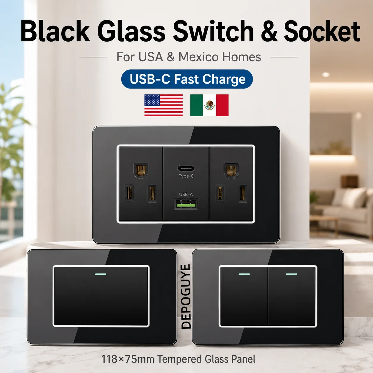 American Thai Standard USB Type-C 20W Fast Charging Power Outlet, Mexico with Smart USB C 3A Socket Wall Electric Light Switch image 5